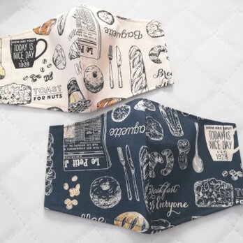 【カフェ柄】オシャレな珈琲・パン柄の立体マスク　喫茶店　コーヒー　パン屋さん　生成り・青　手作りマスクの画像