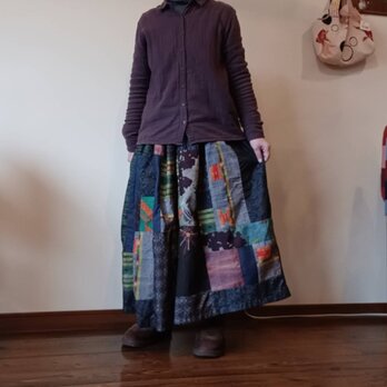 着物リメイク☆春を待って♪紬にちょこっと銘仙楽しい大人スカート８１cm丈の画像