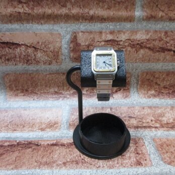 腕時計スタンド 腕時計スタンド おしゃれ 腕時計スタンド 高級 オールブラック1本掛け丸いトレイ付き腕時計スタンド…の画像