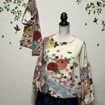 ☆菊の花模様の訪問着から後ろ下がりバルーン袖ブラウス&ストール　着物リメイク♪の画像