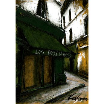 風景画　パリ　油絵「路地裏の緑のひさしのあるカフェ」の画像