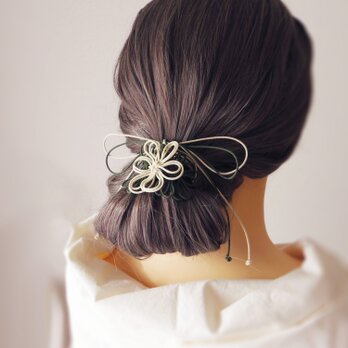 ヘアゴム「詩ハ世ニ延ベ」（アイボリー×深緑）