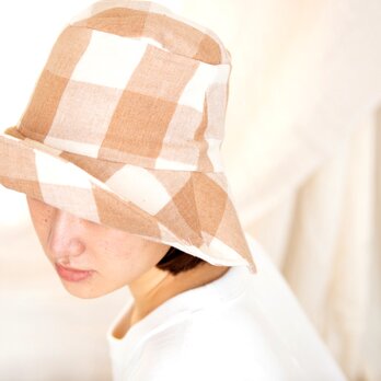 Organic Cotton 日よけ帽子（茶綿チェックガーゼ）の画像
