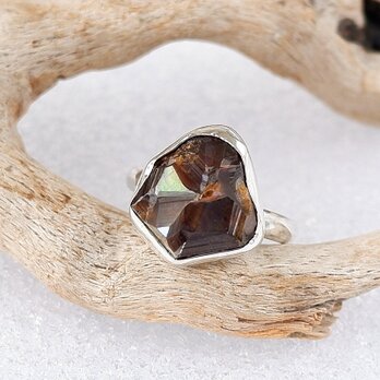 ～国産鉱物～　レインボーガーネット原石のリング 甲丸線　11号