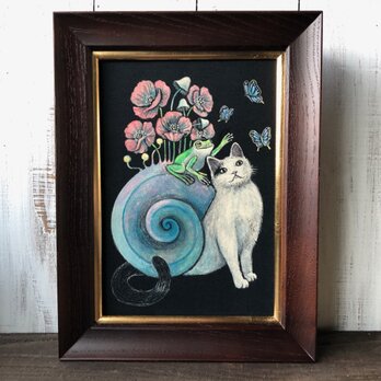 「ネコつむりににこ」SMサイズ額付きアート作品原画 猫 徳島洋子作品 ★ 星月猫 猫 カタツムリの画像