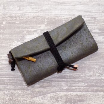道中財布　ロールバッグ　コットン紬風グリーン色地製　「黒箔」　真綿箔