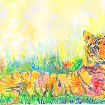 花と命を重ねる虎　水彩画の画像