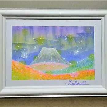 パステルアート　オーロラと花宵の富士山　パステル画原画の画像