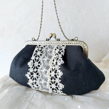 アンティークレース*黒リネン*がま口バッグ*１８
