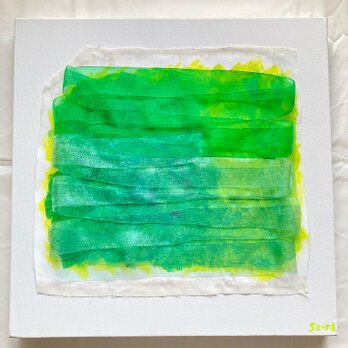 あるがまま、みどりにひたる　　布×絵シリーズ　緑　白　現代アート　キャンバス　水彩　リボンの画像