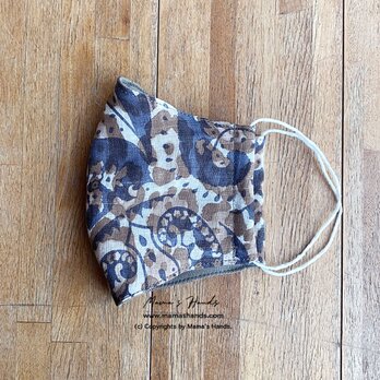 イタリア製 ペイズリー 花柄 紺 x 茶色 大人用 立体型 エコ 布マスクの画像