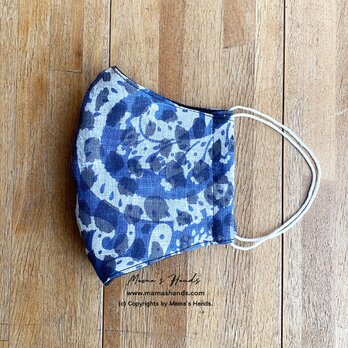イタリア製 ペイズリー 花柄 青 x グレー 大人用 立体型 エコ 布マスクの画像