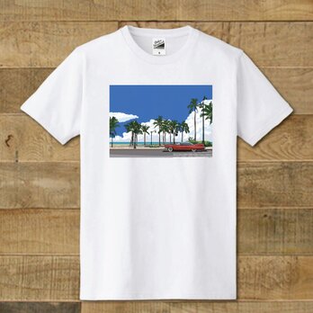 Tシャツ　南国イラスト「常夏Beach-Street」　海岸線を走るキャデラックのイラストの画像