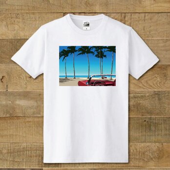 Tシャツ　南国イラスト　海岸線とオープンカーのイラスト　「Sunrise beach」の画像