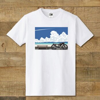 Tシャツ　　海岸線とバイクのイラスト　「Memories of Blue」の画像