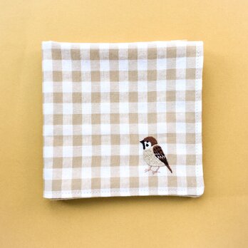 スズメのギンガム刺繍ガーゼハンカチの画像
