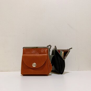 イタリアンレザーminiがま口財布◆L字　ブラウン　ポッケあり　茶色　カード入れ　名刺入れ　山吹色の画像