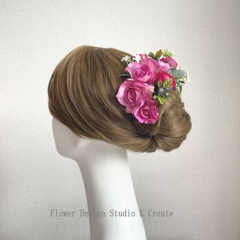 ローズピンクの薔薇とラベンダーのヘッドドレス　アーティフィシャルフラワー 　ウェディング　ブライダル　結婚式　発表会　髪飾りの画像