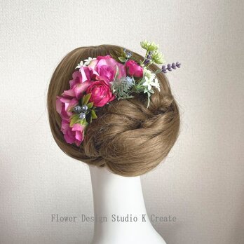 ローズピンクの薔薇とラベンダーのヘッドドレス　アーティフィシャルフラワー 　ウェディング　ブライダル　結婚式　発表会　髪飾りの画像