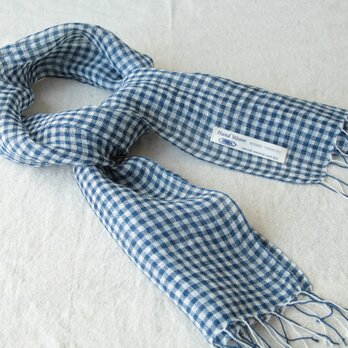 手織り・藍染め 麻プチマフラー　紺色×白ギンガムチェックの画像