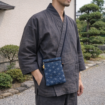 オーダー　道中ショルダーポーチ　デニム紺地製　「麻の葉銀」