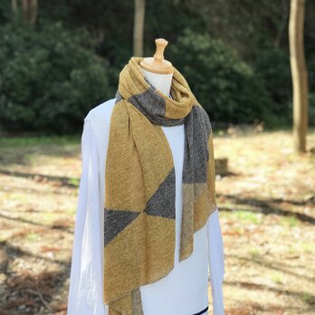 フレンチリネンの大判ショール 幾何学模様　Mustard/Brown