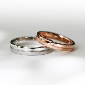 K18PG＜ピンクゴールド＞Pt900＜プラチナ＞クールな印象の結婚指輪／ペア価格の画像