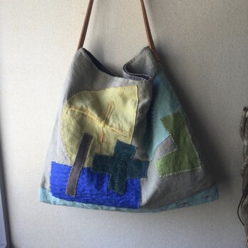 リネンのコラージュと刺し子のバッグ 『光と風』の画像