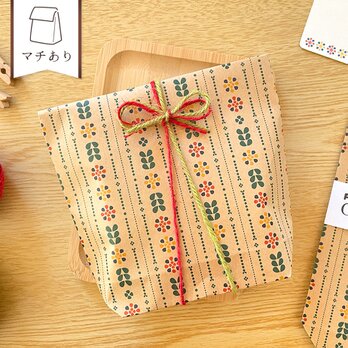 北欧フラワーのギフトバッグ〈5枚入〉マチあり紙袋 ペーパーバッグ ラッピング袋 おしゃれ クリスマスギフト バレンタインの画像