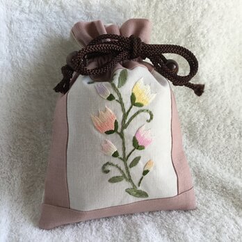 花刺繍の巾着・サーモンピンクの画像