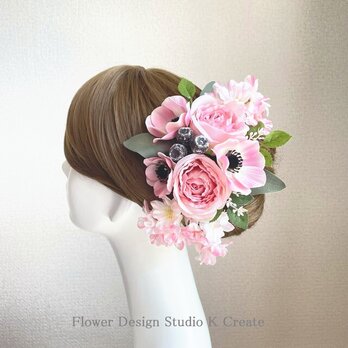 ピンクの薔薇とアネモネのヘッドドレス　八重桜　八重桜　アーティフィシャルフラワー　 桜の髪飾り　成人式　卒業式　結婚式　さくらの画像