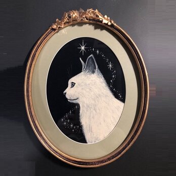「つながる」額付きアート作品原画 白猫 猫 徳島洋子作品 ★ 星月猫 猫の画像