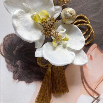 胡蝶蘭　ゴールドピック　くす玉　タッセル髪飾りの画像