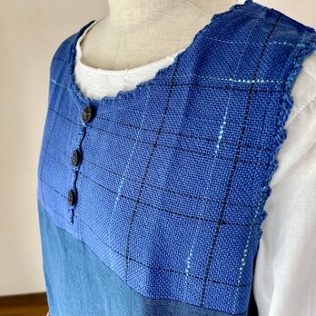 爽やかブルーの手織りバルーンジャンパースカート(M～L）の画像