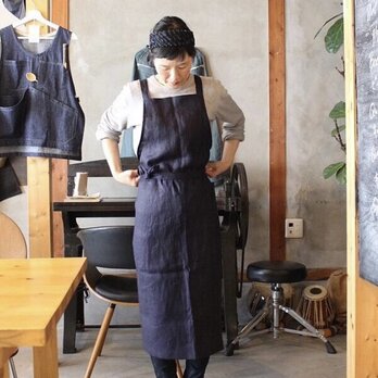 LINEN APRON c/#D.NAVY リネンエプロン ダークネイビーの画像