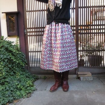 着物リメイク☆凝った織りのウールでふんわりスカート72cm丈の画像