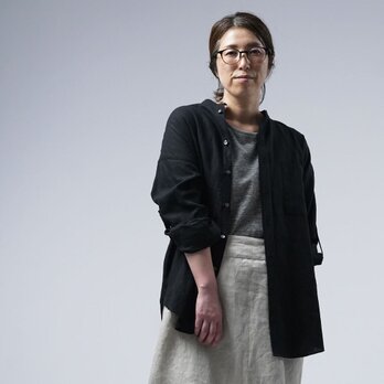 【wafu】Linen Shirt　スタンドカラー ロールアップシャツ / 黒 t021f-bck1の画像