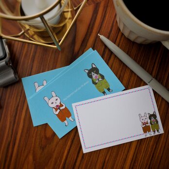 メッセージカードセット（薔薇と猫と兎/ブルー）の画像
