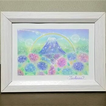 パステルアート　紫陽花と富士山　パステル画原画の画像