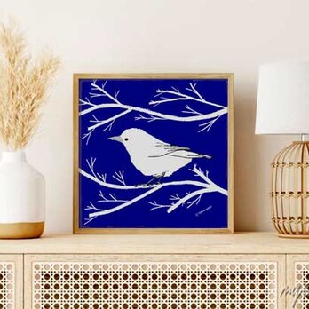 ●白い鳥と白い木●フレーム入●インテリアイラストポスター   ［ブルーネイビーインディゴ］ プレゼントにも！の画像