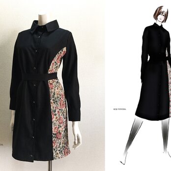 【1点もの・デザイン画付き】黒＆ゴブラン織り切り替えシャツ型コートワンピース（KOJI TOYODA）の画像