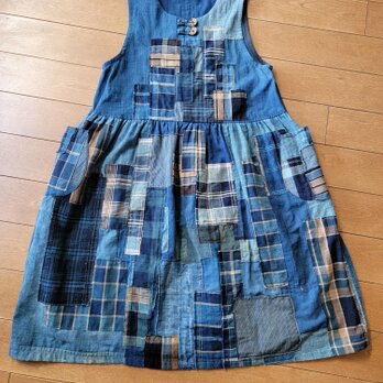 着物リメイク　古布　手作り　BORO チェック　パッチ　ジャンパースカートの画像