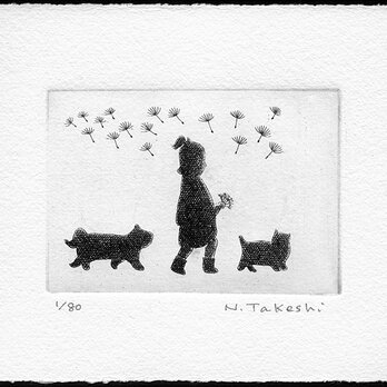 少女と猫とたんぽぽ/銅版画(作品のみ）の画像
