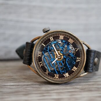 メカニックブルー　AT　ブラック 真鍮 手作り腕時計の画像