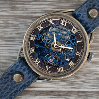 メカニックブルー　AT　ブルー 真鍮 手作り腕時計の画像
