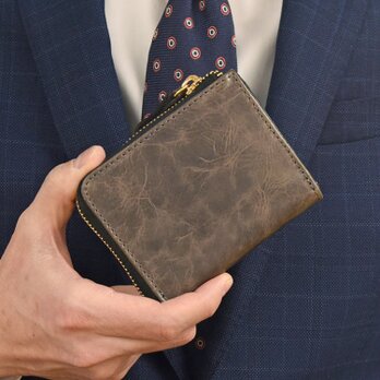 二つ折り財布 l字ファスナー 手に馴染む 本革 ミニ財布 小さい コンパクト 財布  スレートグレー JAW029の画像