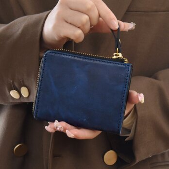 二つ折り財布 l字ファスナー 手に馴染む 本革 ミニ財布 小さい コンパクト 財布  ネイビー JAW029の画像