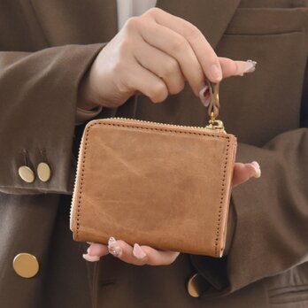 二つ折り財布 l字ファスナー 手に馴染む 本革 ミニ財布 小さい コンパクト 財布  キャメル JAW029の画像