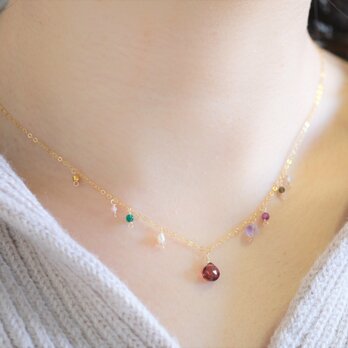 Granatepli necklace：天然石ネックレス　レッドガーネット×ルビー×アメジスト×ルビー×オプシディアンの画像