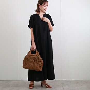 コットンリネン キーネック ワンピース　ブラック　0523BK
